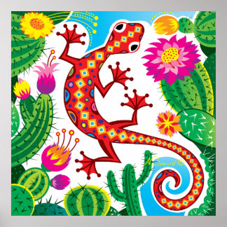 Poster Gecko du Sud-Ouest avec Fleurs de Cactus