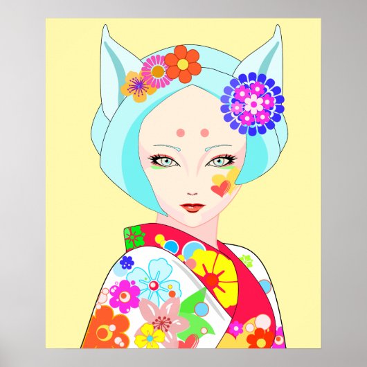 Poster Geisha avec Fleurs Pop Art (Devant)