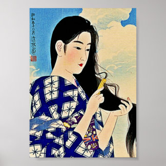 Poster Geisha Coiffure Japonaise Bois de Bois Ukiyo-E Art