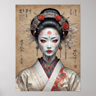 Poster Geisha cyberpunk japonaise sur parchemin