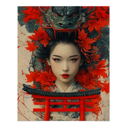 Poster Geisha & Dragon - Art Japonais (Devant)