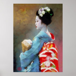 Poster Geisha en kimono bleu
