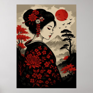 Poster Geisha japonais aux fleurs rouges et Mont Fuji