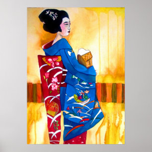Poster Geisha japonais avec kimono bleu art original