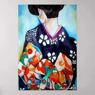 Poster Geisha japonais avec kimono bleu art original