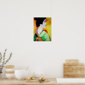 Poster Geisha japonais avec kimono vert art original (Cuisine)