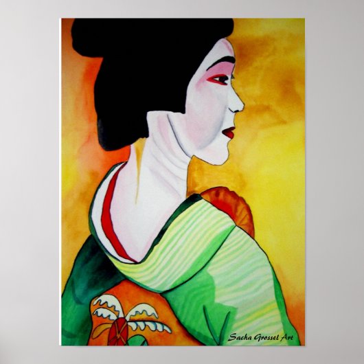 Poster Geisha japonais avec kimono vert art original (Devant)