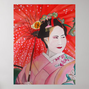 Poster Geisha japonais avec l'art rouge d'original de