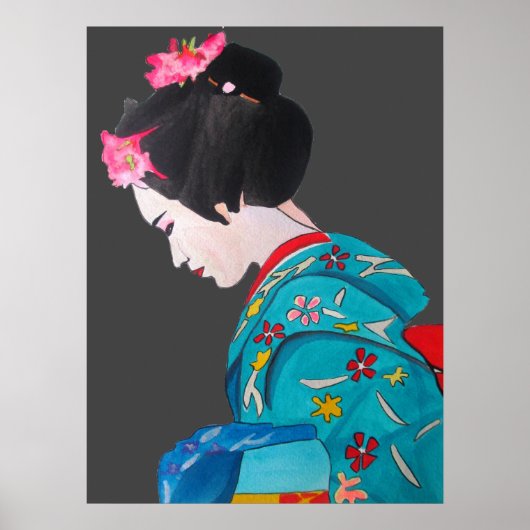 Poster Geisha japonais avec les fleurs de cerises (Devant)