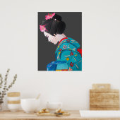 Poster Geisha japonais avec les fleurs de cerises (Cuisine)