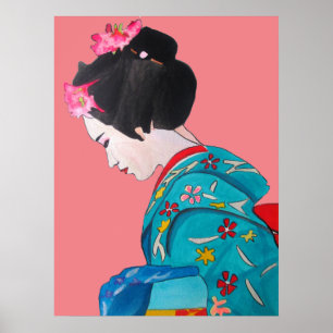 Poster Geisha japonais avec les fleurs de cerises