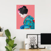 Poster Geisha japonais avec les fleurs de cerises (Bureau à domicile)