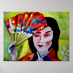 Poster Geisha japonais avec ventilateur aquarelle origina