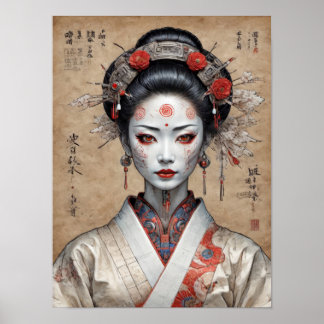 Poster geisha japonaise cyberpunk sur parchemin