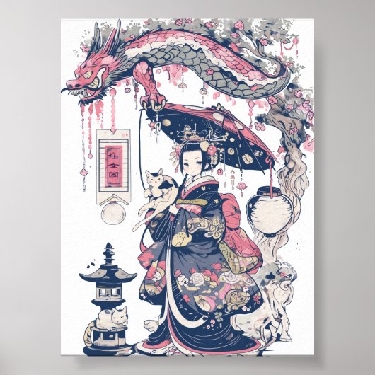 Poster Geisha With Dragon and Cats 37007 (Devant)