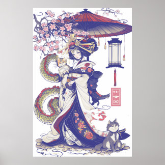 Poster Geisha With Dragon and Cats 37009