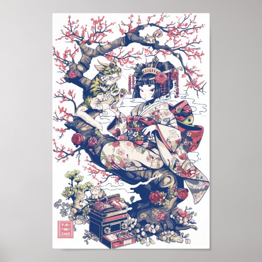 Poster Geisha With Dragon and Cats 37010 (Devant)