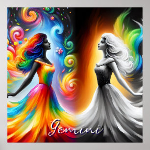 Poster Gemini Twins Couleur et noir et blanc Horoscope