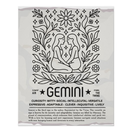 Poster Gemini Zodiac Art Vintage Imprimer - Botanical Fol (Devant)