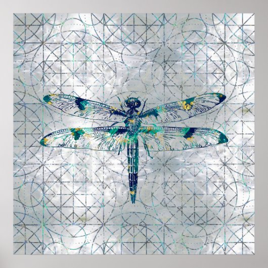 Poster Gemstone Dragonfly sur motif de géométrie sacrée (Devant)