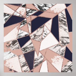 Poster Géometric Navy Blue Peach Marble and Rose Gold