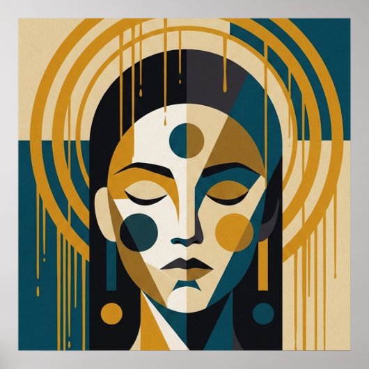 Poster Geometric Zen Portrait in Teal and Ochre (Devant)
