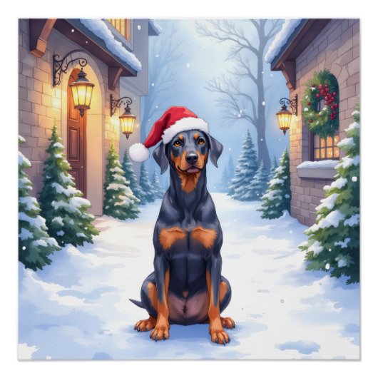 Poster German Pinscher Snowy Courtyard Santa Hat (Devant)