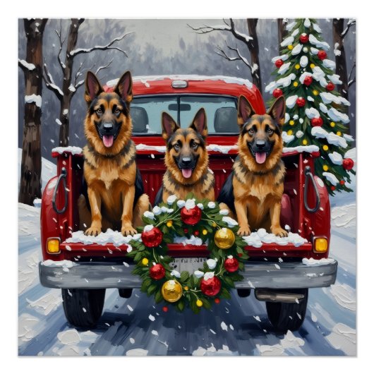 Poster German Shepherd Christmas Red Truck Holiday (Devant)