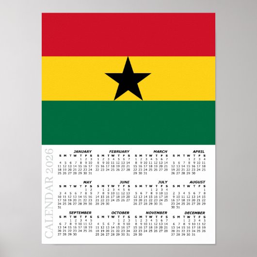 Poster Ghana 2026 Calendar, Large, Ghanaian Flag (Devant)