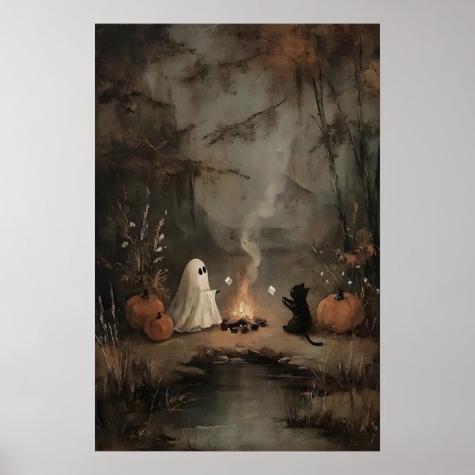 Poster Ghost And Black Cat By Campfire With Marshmallows (Devant)