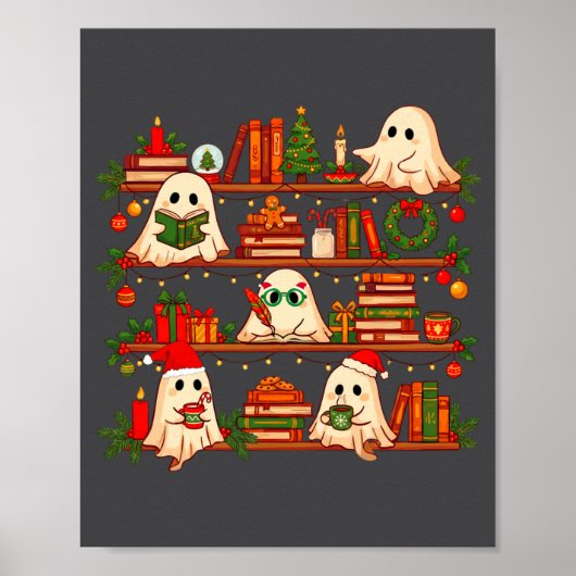 Poster Ghost Christmas Hat Reading Book Bookshelf Lover L (Devant)