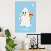 Poster Ghost & Citrouille d'Halloween mignon sur bleu cla (Bureau à domicile)