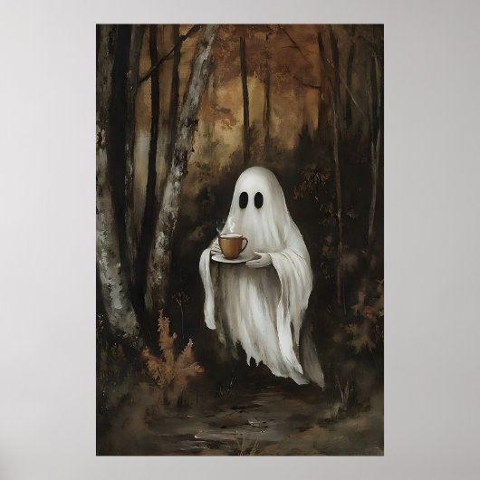 Poster Ghost Drinking Coffee In Fall Forest Print, Ghost (Devant)