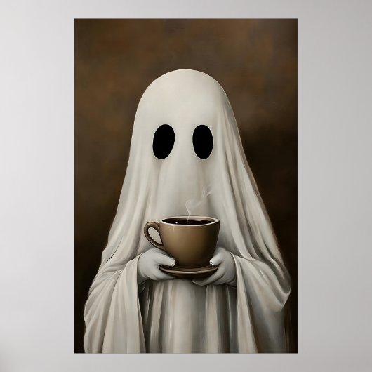Poster Ghost Drinking Coffee Print, Ghost Tea Whimsical (Devant)