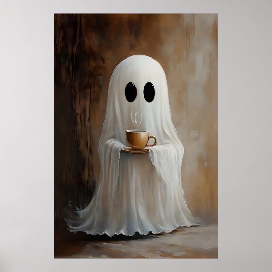 Poster Ghost Drinking Coffee Print, Ghost Tea Whimsical (Devant)