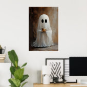 Poster Ghost Drinking Coffee Print, Ghost Tea Whimsical (Bureau à domicile)