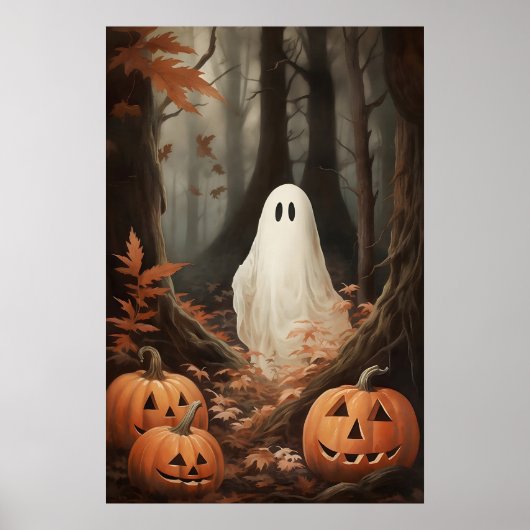 Poster Ghost In Fall Woods With Pumpkins, Dark Academia (Devant)