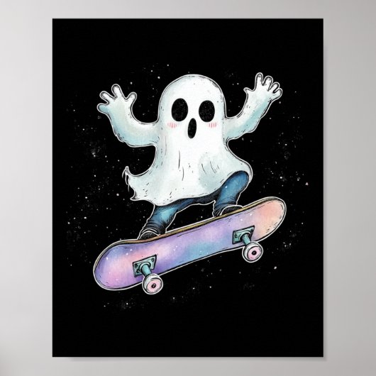 Poster Ghost mignon Sur Skateboard Drôle Halloween Patine (Devant)