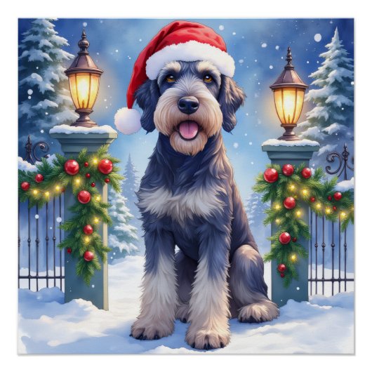 Poster Giant Schnauzer Snowy Iron Fence Santa Christmas (Devant)