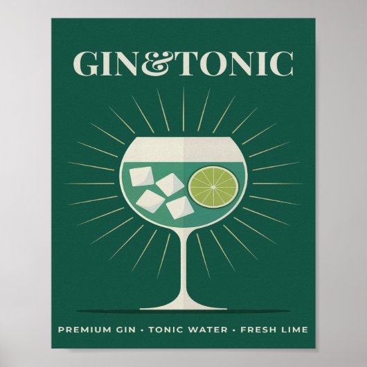 Poster Gin Tonic Rétro Graphique de Cocktail Vert Foncé (Devant)