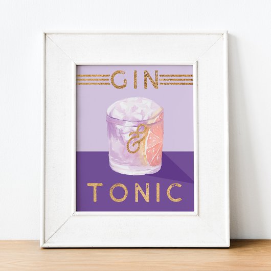 Poster Gin & Tonic Retro Purple Cocktail Aquarelle