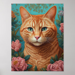 Poster Gingembre Tabby Chat et pivoines