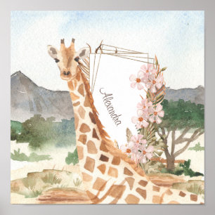 Poster Girafe à l’aquarelle dans la savane africaine pour