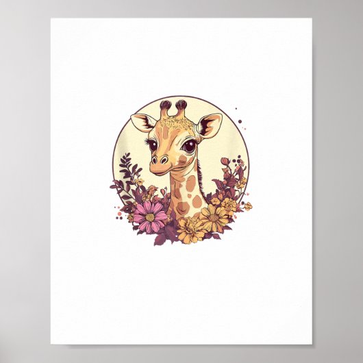 Poster Girafe adorable entouré de fleurs _7 (Devant)