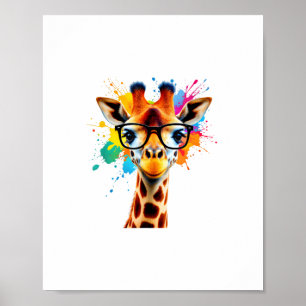 Poster Girafe avec Lunettes et Éclaboussure Colorée - Cou