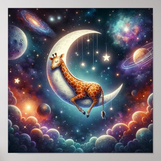 Poster Girafe Bébé Céleste Endormie sur Lune et Étoiles (Devant)