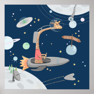 Poster Girafe dans l'espace. Planètes. Crèche pour enfant