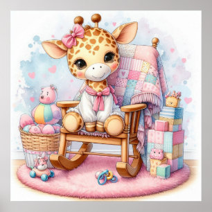 Poster Girafe dans une fille de chaise à bascule