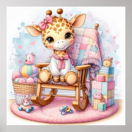 Poster Girafe dans une fille de chaise à bascule (Devant)