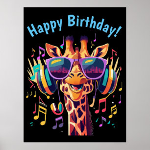 Poster Girafe de fête colorée cool avec casque